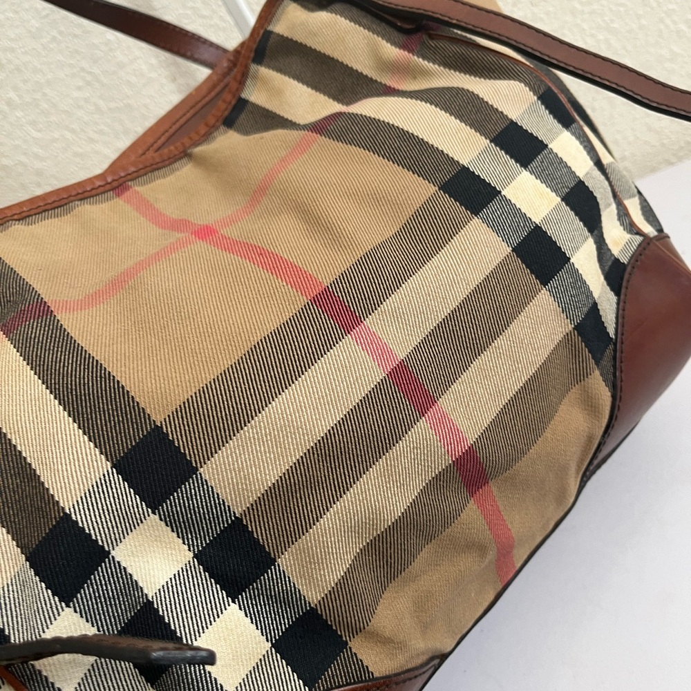 Burberry Tan Check Canvas Tote with Brown Leather Trim - Picture 11 of 16